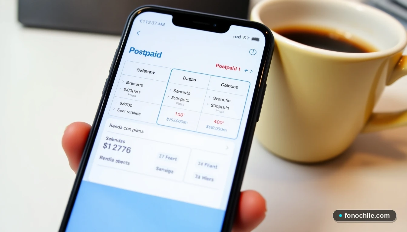 Pantalla de smartphone mostrando la app de Entel con una comparativa clara de planes postpago, mostrando gigas, minutos y beneficios.