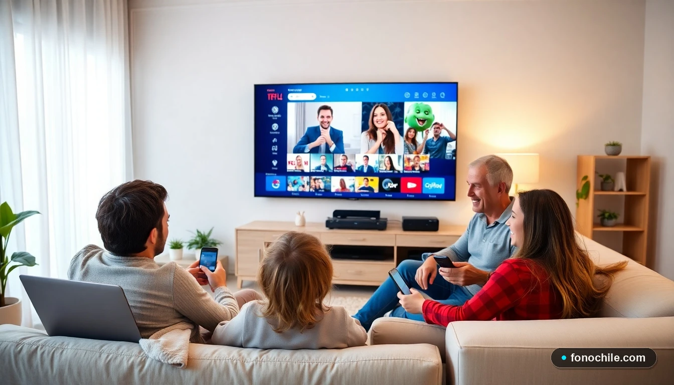 Familia chilena disfrutando de streaming en múltiples dispositivos con un plan de internet de alta velocidad.