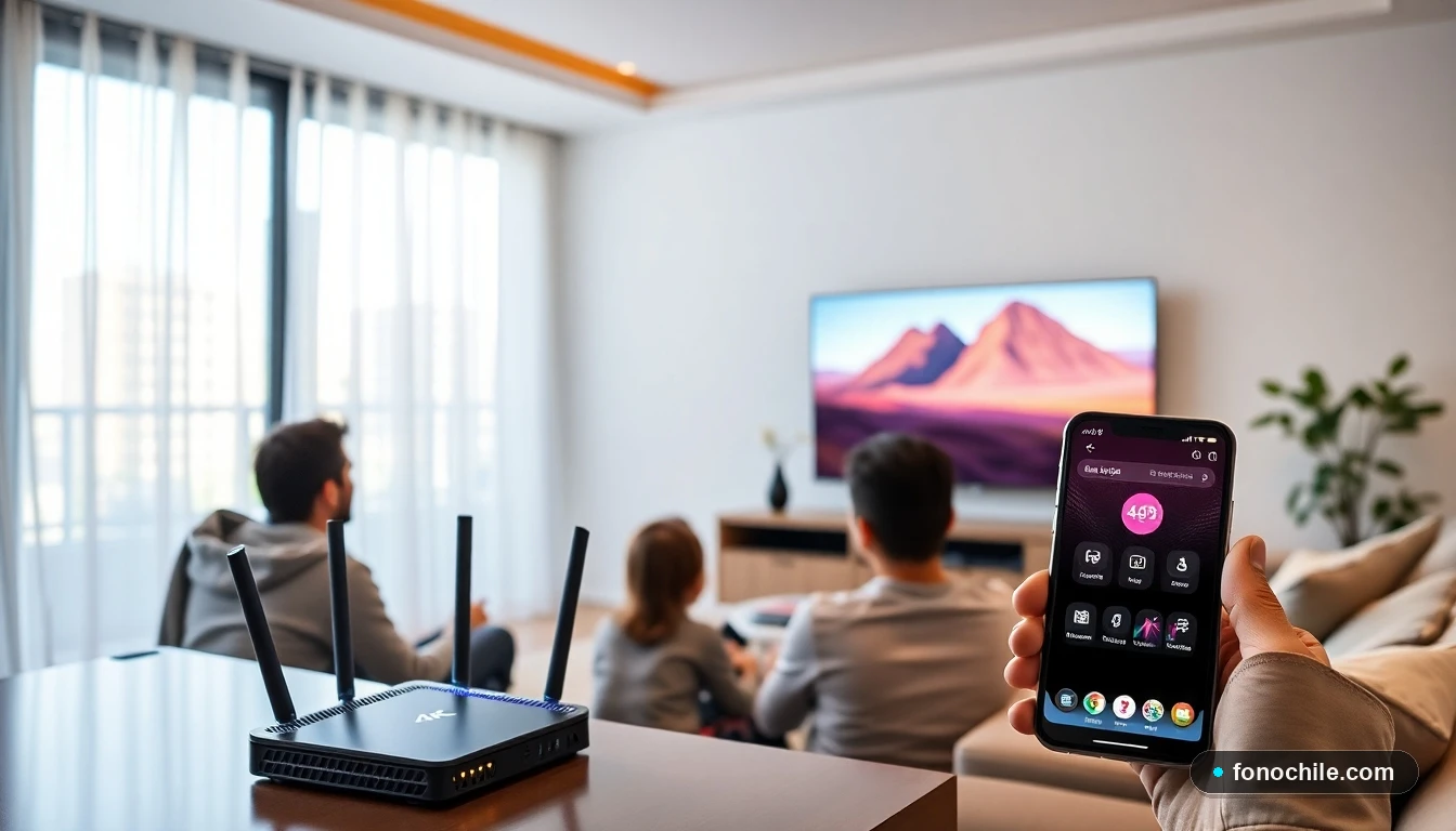 Familia chilena disfrutando del servicio Mega Go 2026 con televisión 4K e internet de alta velocidad en su hogar.