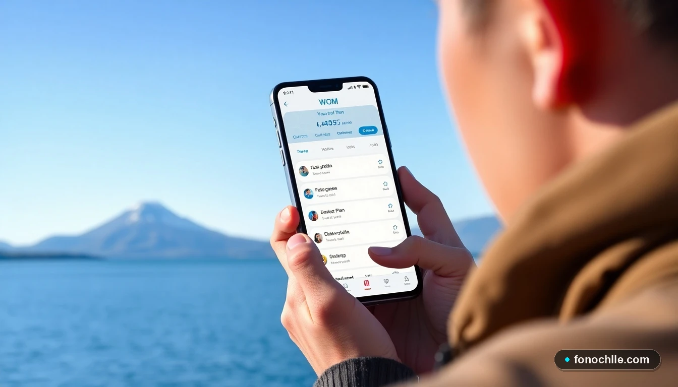 Cliente revisando planes WOM en su celular con el paisaje de Los Lagos de fondo