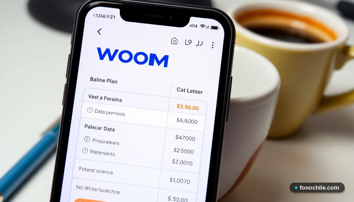 Pantalla de smartphone mostrando planes móviles WOM con detalles de datos, minutos y precios en Chile.