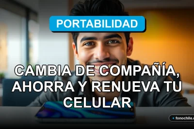 Hombre hispano sonriendo con teléfono móvil sobre escritorio, concepto de portabilidad numérica y cambio de compañía en Chile.