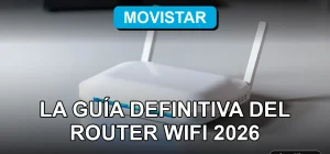 Router WiFi 2026 de Movistar sobre escritorio moderno con luces LED azules y gráficos abstractos en pantalla.