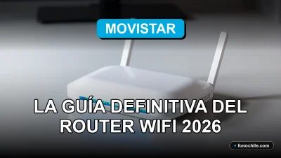 Router WiFi 2026 de Movistar sobre escritorio moderno con luces LED azules y gráficos abstractos en pantalla.