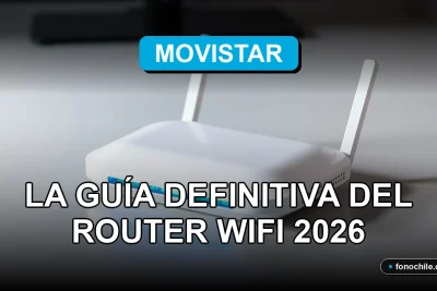 Router WiFi 2026 de Movistar sobre escritorio moderno con luces LED azules y gráficos abstractos en pantalla.