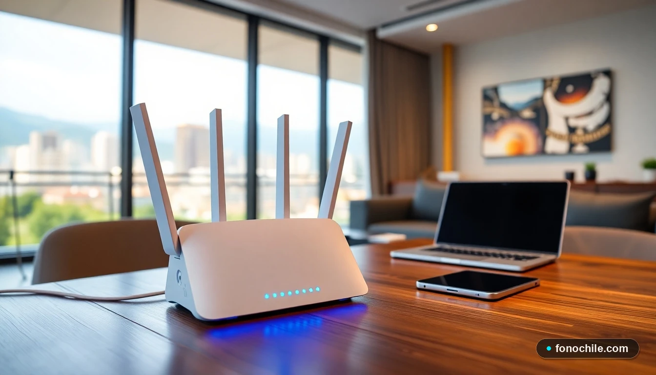Router WiFi 6 moderno en un hogar chileno, conectado a dispositivos para aprovechar al máximo la fibra óptica Movistar.
