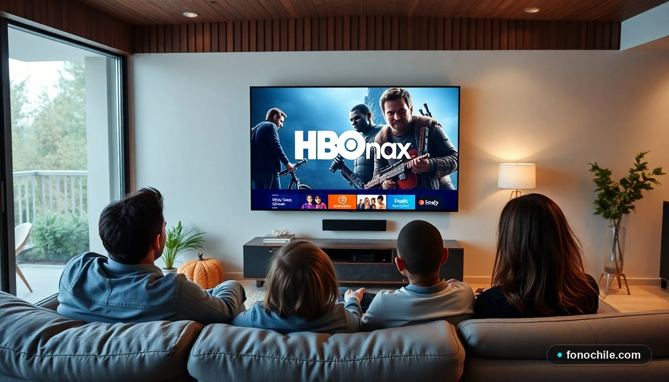 Familia chilena disfrutando de HBO Max en su sala de estar, viendo una serie popular en un televisor inteligente.
