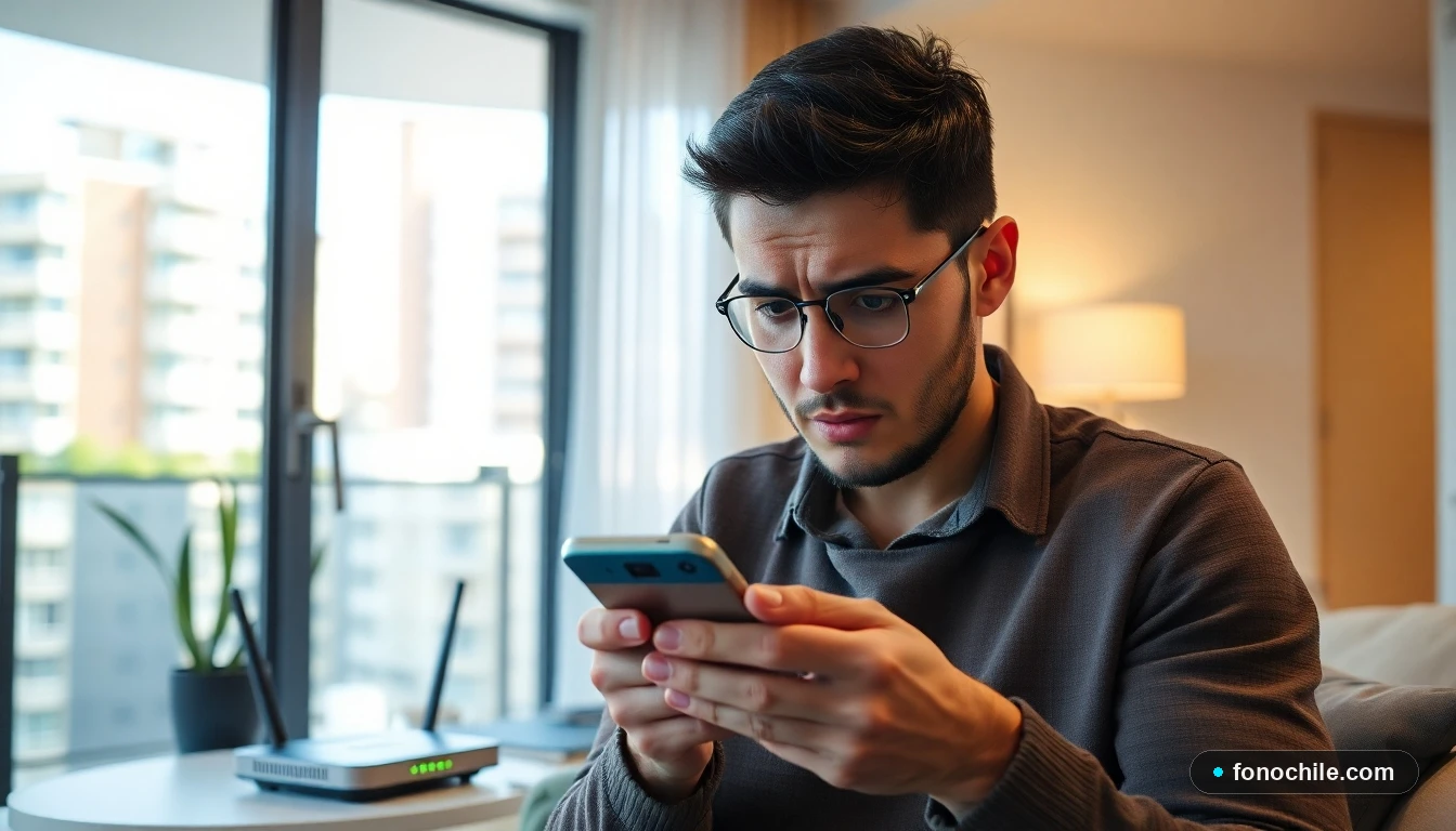 Persona en Chile solucionando problemas de señal débil de WOM en su smartphone y router