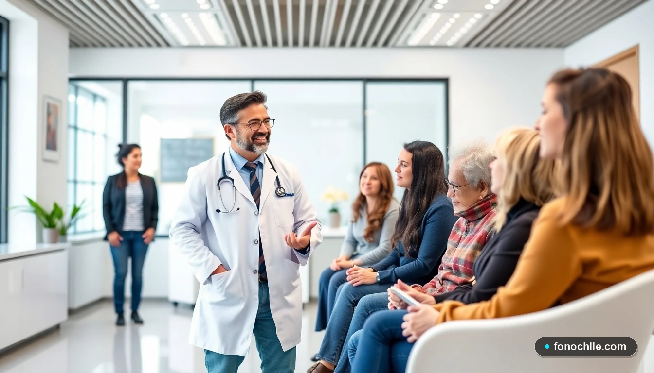 Médico explicando programas de salud preventiva a pacientes en una clínica moderna en Chile