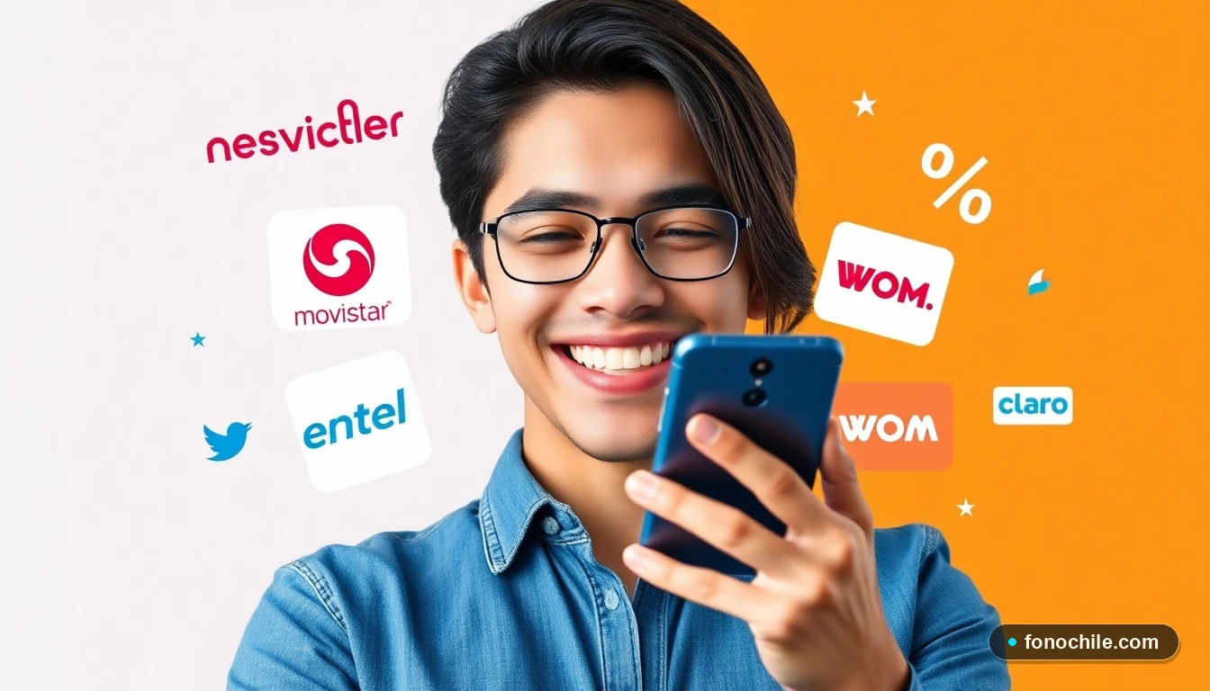 Persona en Chile feliz con su nuevo celular, rodeada de logos de las principales compañías móviles y etiquetas de descuento.