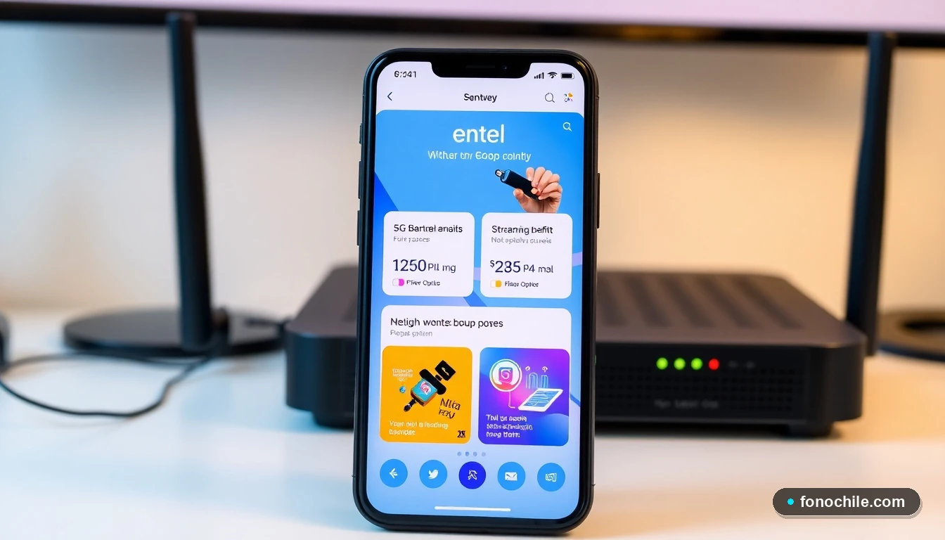 Smartphone mostrando ofertas de planes 5G y beneficios de streaming de Entel 2026 en su aplicación oficial.