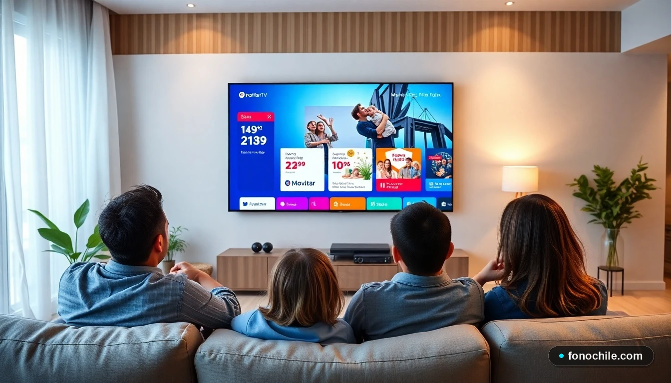Familia chilena disfrutando de promociones de TV Movistar en su sala de estar