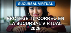 Una mujer latina sonríe con confianza mientras usa la Sucursal Virtual de su banco en una tablet, con gráficos abstractos en la pantalla.