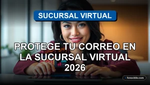 Una mujer latina sonríe con confianza mientras usa la Sucursal Virtual de su banco en una tablet, con gráficos abstractos en la pantalla.