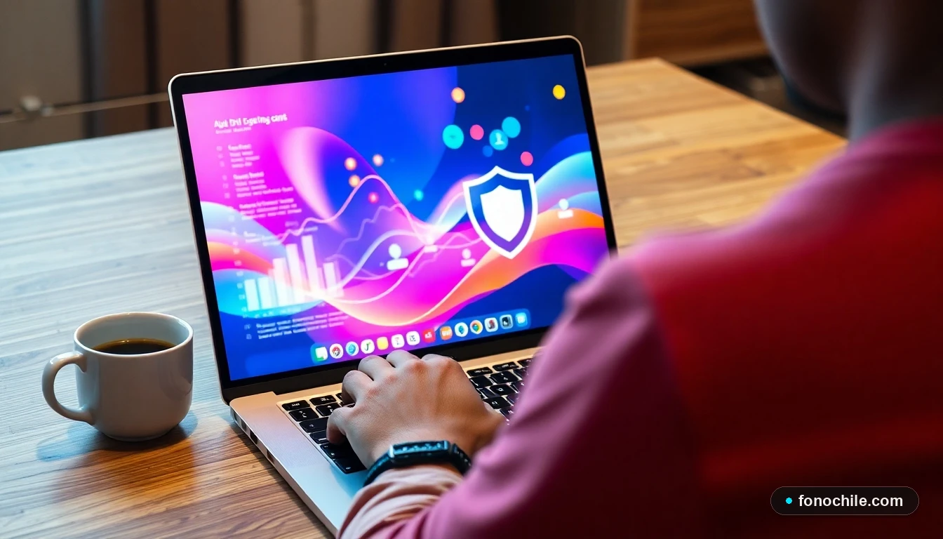 Configuración de seguridad de email en laptop mostrando gráficos de protección de datos en Chile.