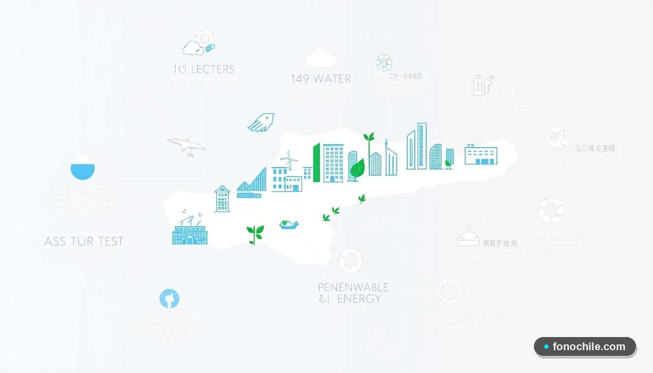 Infografía de proyectos de sostenibilidad en Chile: agua, energía, reciclaje y construcción verde.