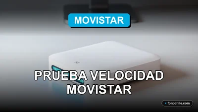 Prueba de velocidad de internet de Movistar en un moderno router sobre escritorio con gráficos abstractos en pantalla.
