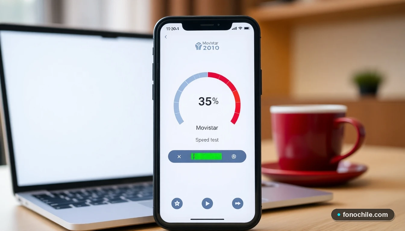 Resultado de prueba de velocidad de internet Movistar en un teléfono móvil en Chile