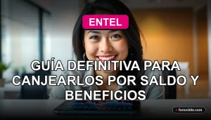 Mujer sonriente usando su teléfono móvil para canjear Puntos Entel por saldo y beneficios exclusivos.
