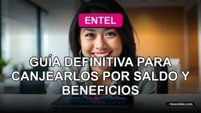 Mujer sonriente usando su teléfono móvil para canjear Puntos Entel por saldo y beneficios exclusivos.