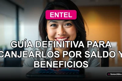 Mujer sonriente usando su teléfono móvil para canjear Puntos Entel por saldo y beneficios exclusivos.