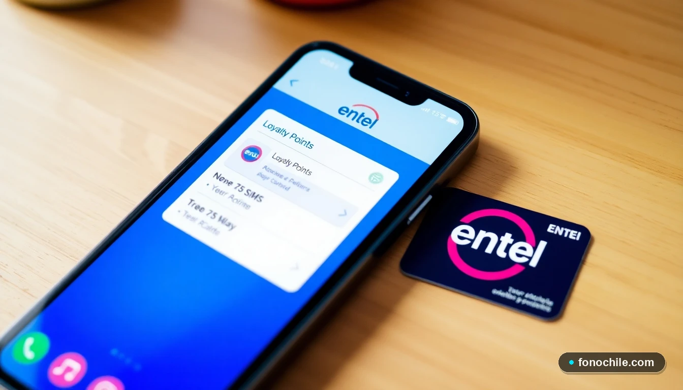 Pantalla de la App Entel mostrando la sección de Puntos Entel para canjear, junto a un chip Entel.