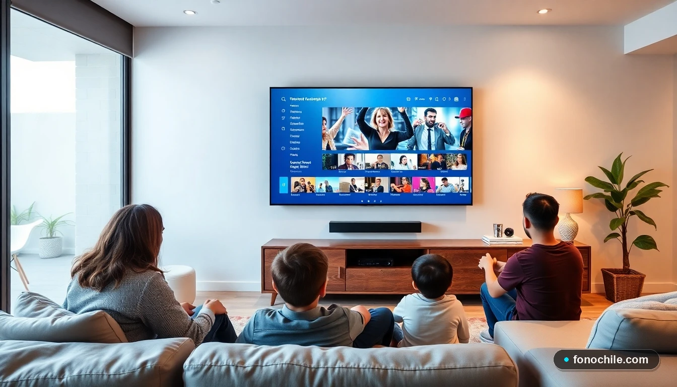 Familia chilena usando el decodificador D Box de VTR para ver televisión por cable en su living.