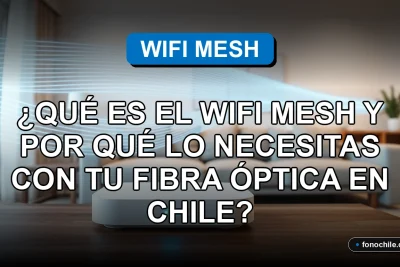 Sistema WiFi Mesh moderno en hogar chileno con fibra óptica, eliminando zonas sin cobertura.