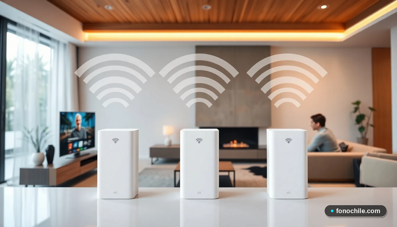 Sistema WiFi Mesh moderno de tres nodos distribuyendo señal fuerte en un hogar chileno contemporáneo