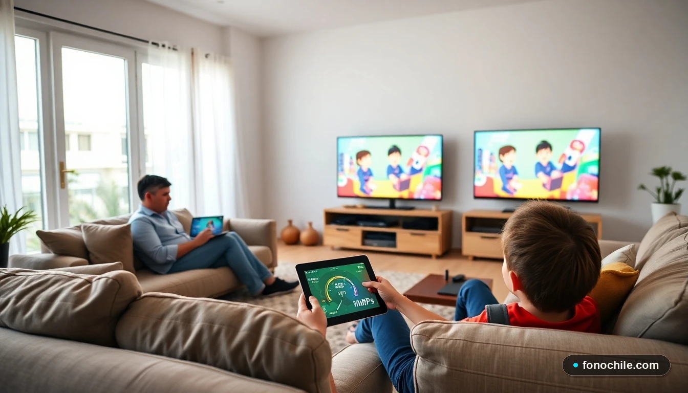 Familia chilena usando múltiples dispositivos conectados a internet simultáneamente en el hogar, mostrando un test de velocidad