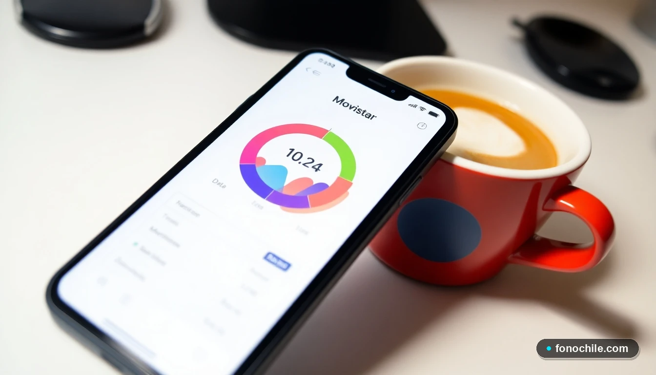 Smartphone mostrando gráfico de consumo de datos y logo de Movistar en Chile