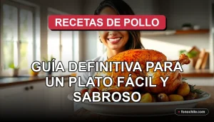 Receta fácil de pollo al horno con papas y romero, lista para servir en un plato blanco sobre una mesa de madera rústica.