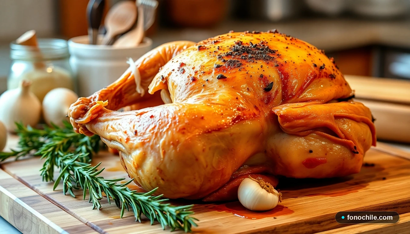 Pollo entero al horno dorado y crujiente listo para servir