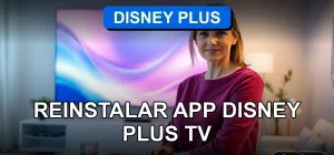 Persona reinstalando la aplicación de Disney Plus en su televisor inteligente en un hogar moderno.
