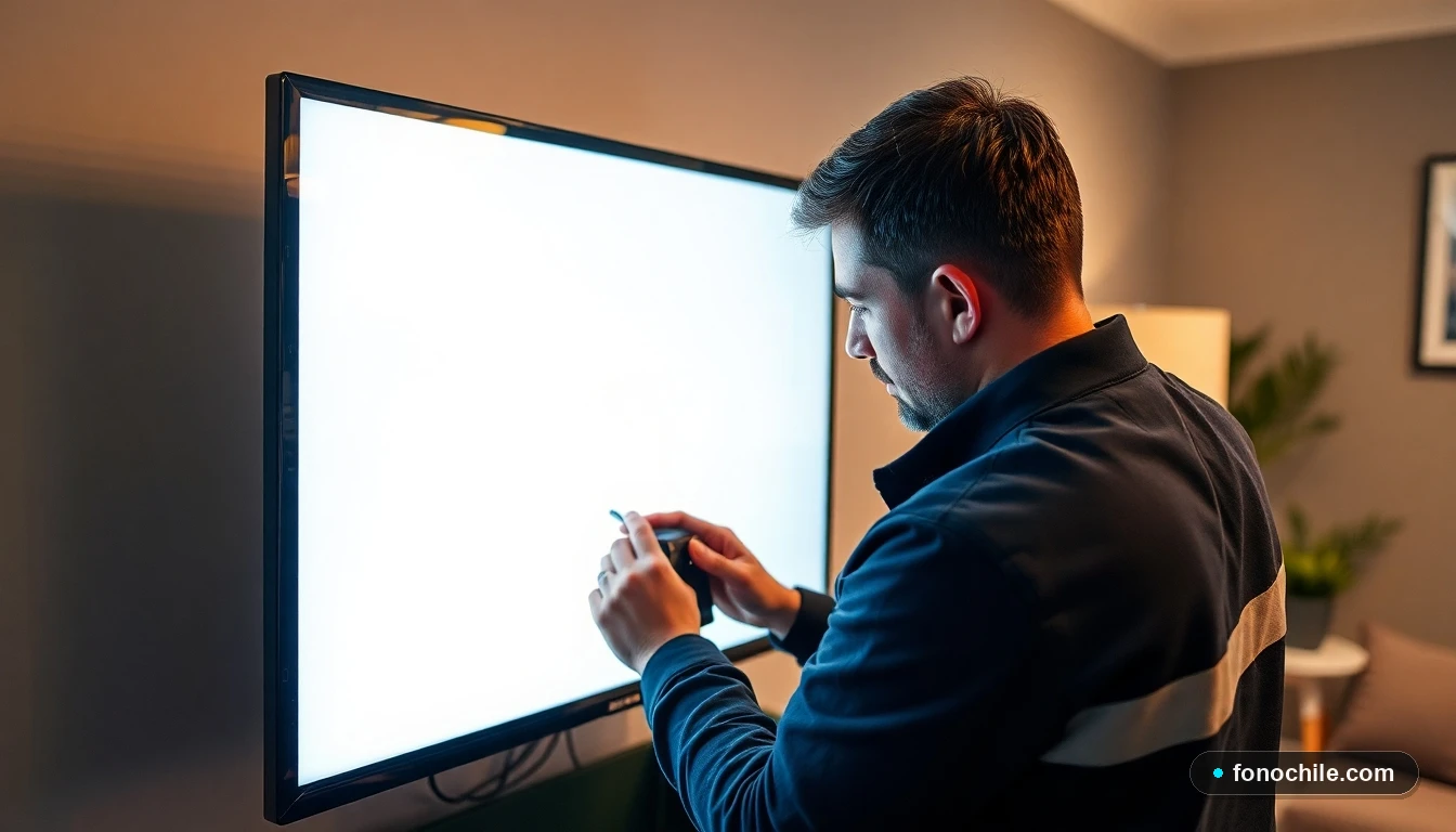 Técnico profesional reparando un televisor LED moderno en un hogar chileno