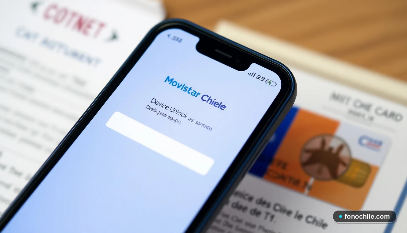 Pantalla de celular mostrando la opción de desbloqueo en la app Movistar Chile, con documentos de identificación al fondo.