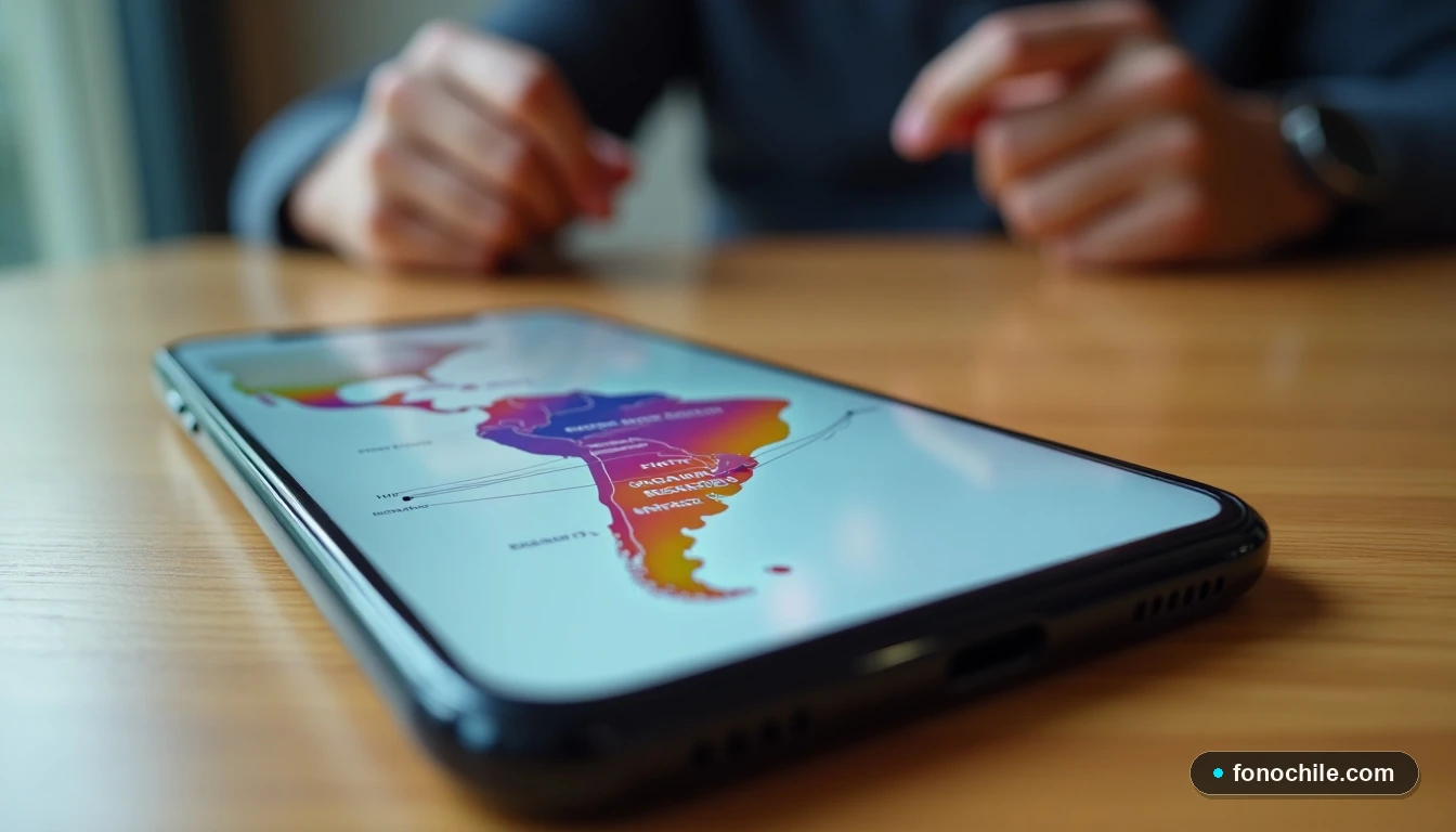Smartphone mostrando gráfico de consumo de datos y costos de roaming internacional para viajeros chilenos.