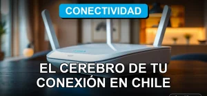 Un router WiFi de última generación 2026 con luces LED azules, sobre un escritorio de madera oscura en un hogar moderno en Chile.