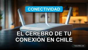 Un router WiFi de última generación 2026 con luces LED azules, sobre un escritorio de madera oscura en un hogar moderno en Chile.