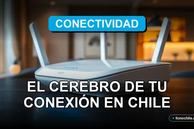Un router WiFi de última generación 2026 con luces LED azules, sobre un escritorio de madera oscura en un hogar moderno en Chile.