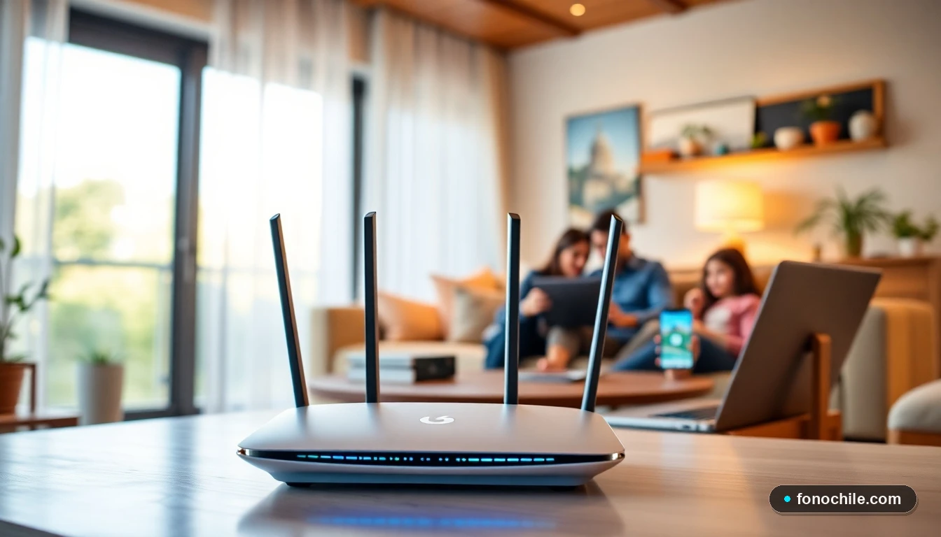 Router WiFi moderno en un hogar chileno optimizando la conexión a internet para toda la familia