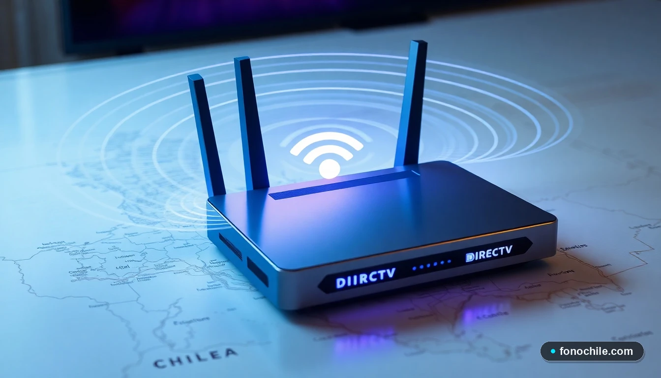 Router WiFi moderno emitiendo ondas de cobertura en un hogar chileno, optimizando la señal de DIRECTV Fibra.