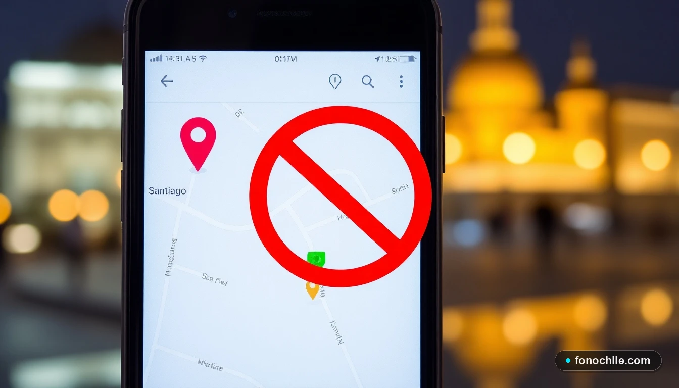 Smartphone mostrando mapa con señal de ubicación pero sin conexión a internet, concepto de rastreo offline en Chile.