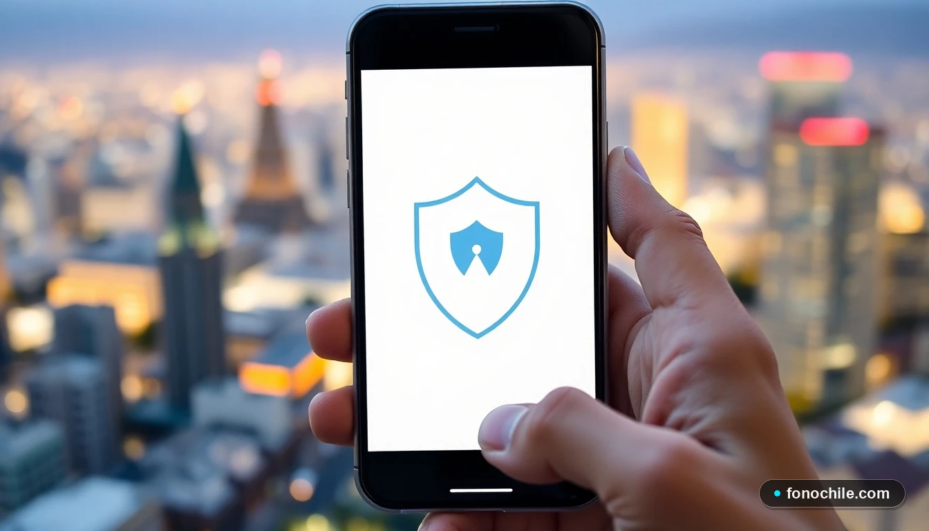 Persona protegiendo su teléfono móvil con un escudo de seguridad digital en Chile
