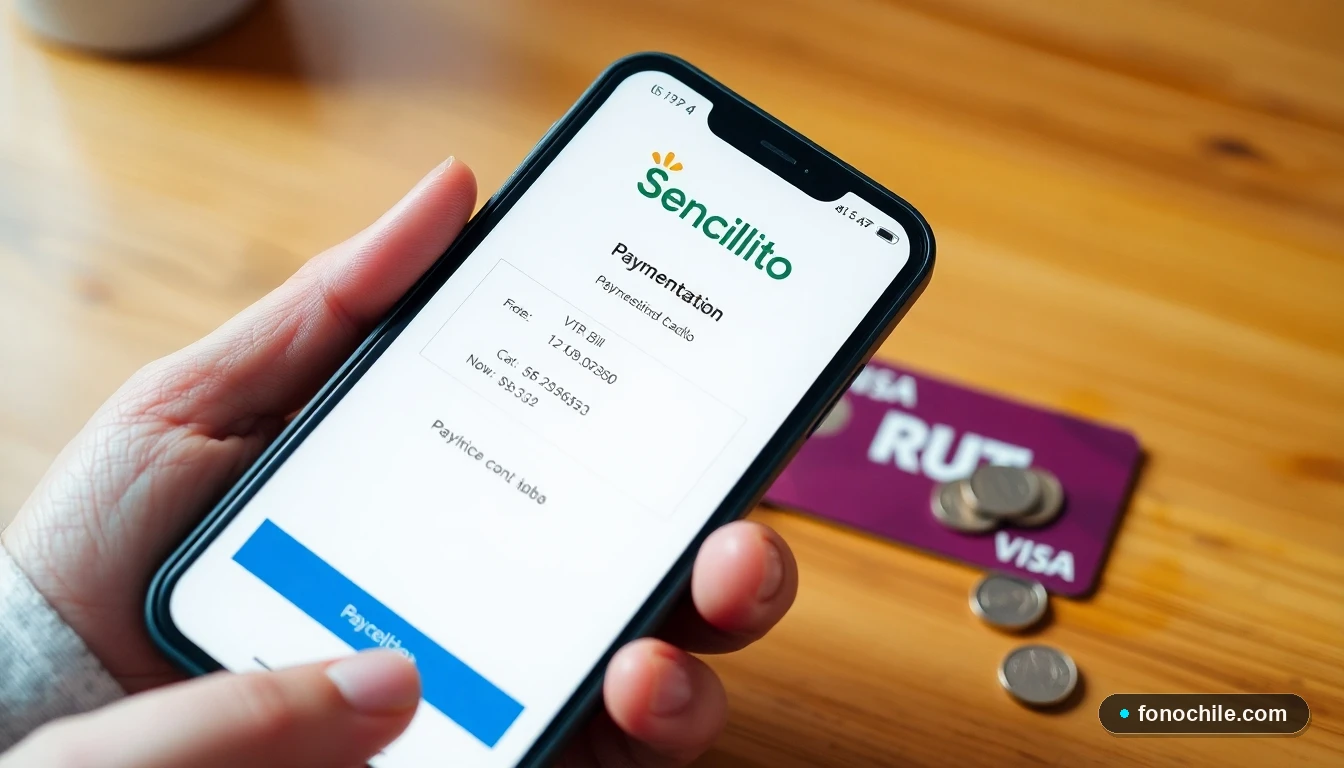 Persona pagando su cuenta VTR a través de la plataforma Sencillito usando su RUT en un smartphone.