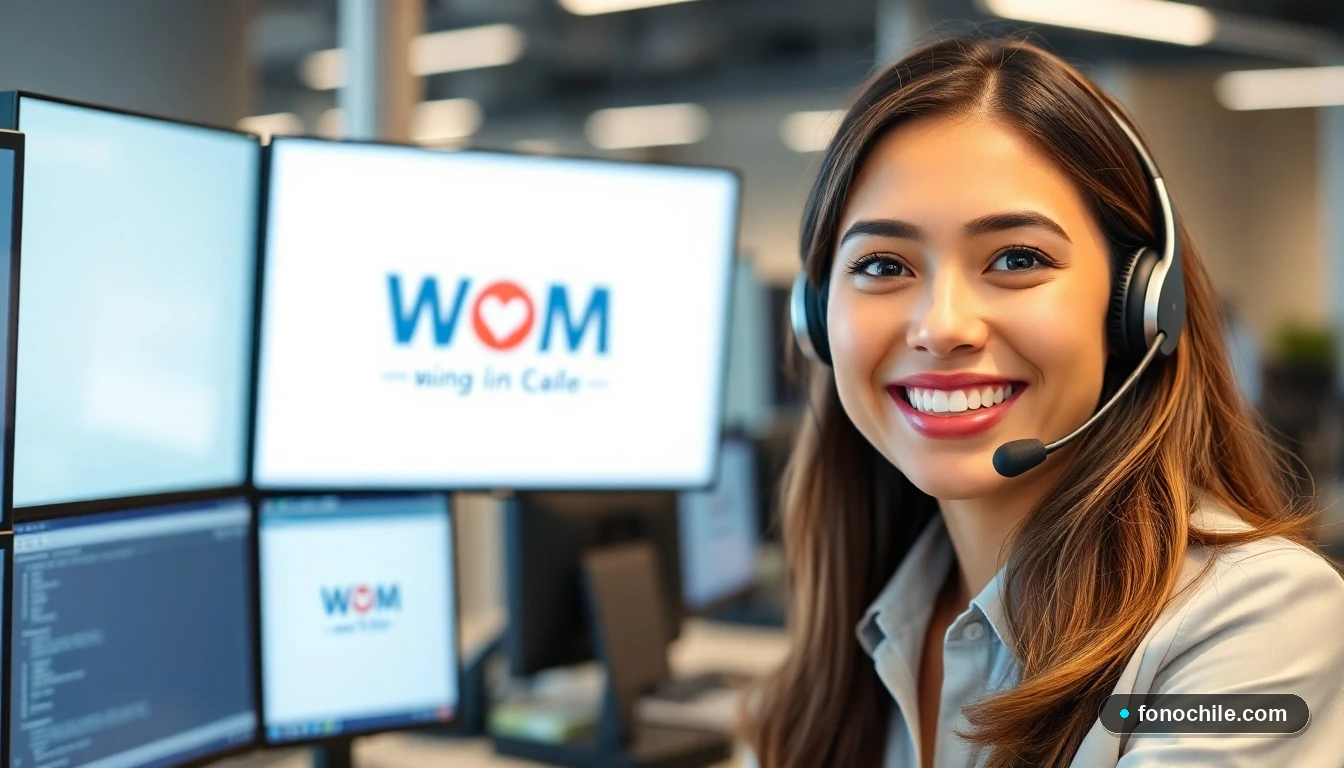 Agente de servicio al cliente WOM atendiendo consulta en un call center moderno en Chile