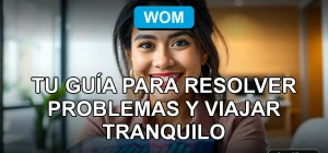 Mujer sonriente de WOM explicando servicio al cliente con tablet en oficina moderna, gráficos abstractos en pantalla.