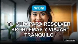 Mujer sonriente de WOM explicando servicio al cliente con tablet en oficina moderna, gráficos abstractos en pantalla.