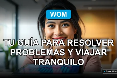 Mujer sonriente de WOM explicando servicio al cliente con tablet en oficina moderna, gráficos abstractos en pantalla.