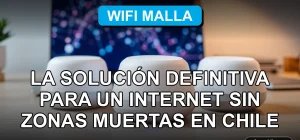Sistema de malla wifi moderno en una casa en Chile, eliminando zonas muertas de internet con gráficos abstractos de red en la pantalla.